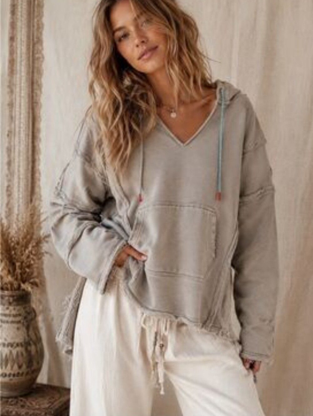 NATURAL LIFE Knit Trim Pullover Sweatshirt Charcoal Gray